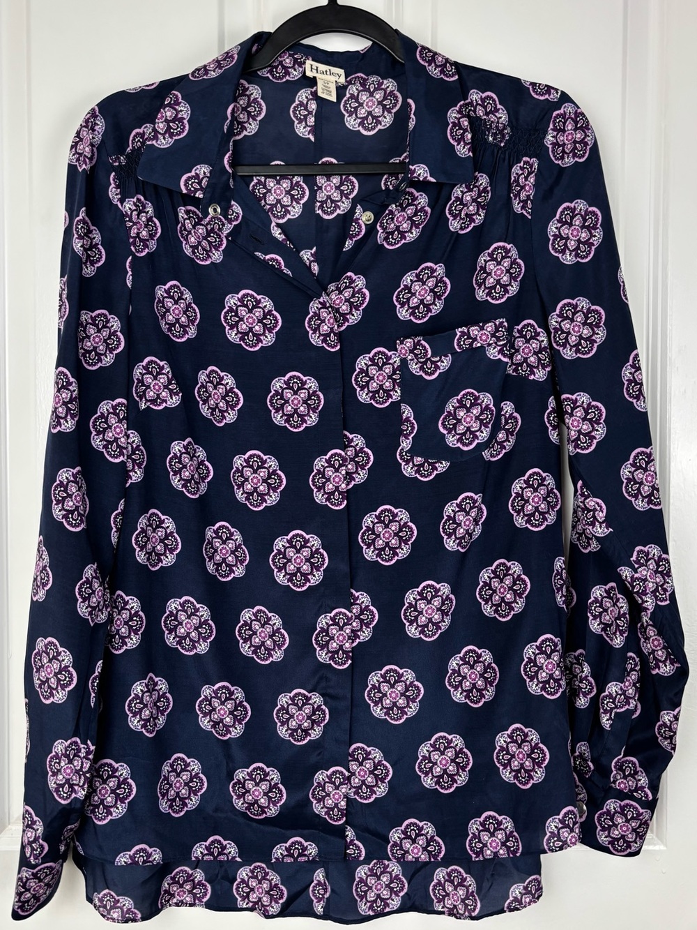 Hatley Boutique Silk Blend Button Down Blouse Small Navy Purple Medallion Print